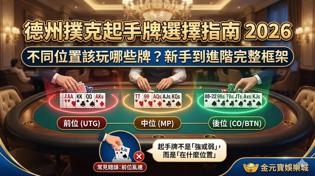 德州撲克起手牌選擇指南 2026：不同位置該玩哪些牌？新手到進階完整框架