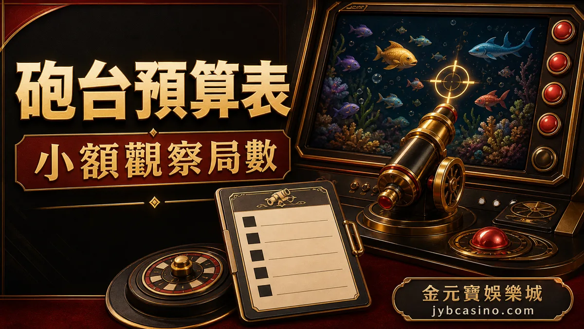 金元寶娛樂城捕魚機砲台預算表視覺，呈現小額觀察、砲台切換與停手紀錄