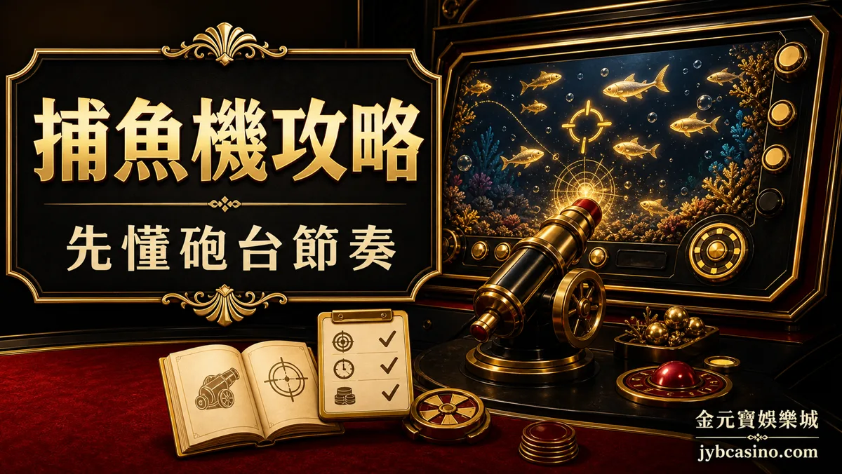 金元寶娛樂城線上捕魚機攻略示意圖，呈現砲台、魚群分數與預算節奏檢查
