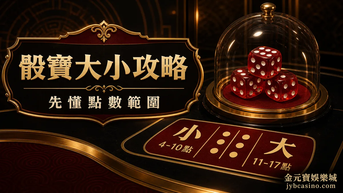 金元寶娛樂城骰寶大小攻略示意圖，呈現三顆骰子、大小點數與投注區