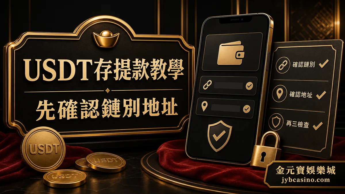 金元寶娛樂城 USDT 存提款教學示意圖，呈現鏈別、錢包地址與交易紀錄檢查