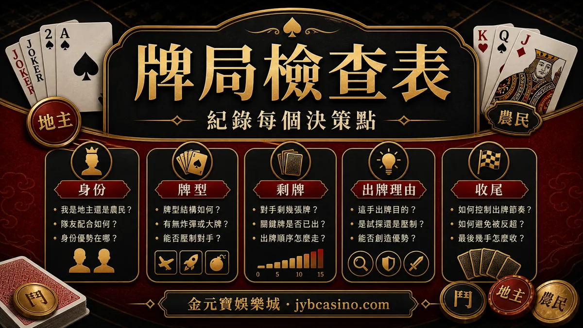金元寶娛樂城鬥地棋牌局檢查表，呈現身份、牌型、剩牌與出牌理由