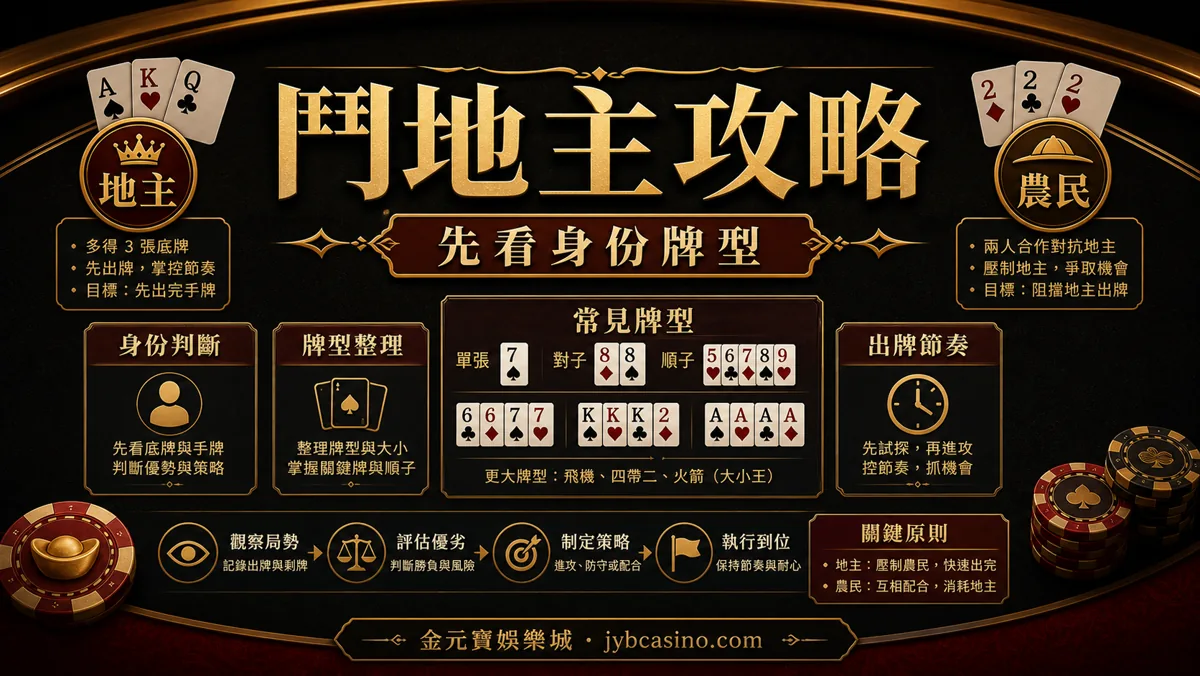 金元寶娛樂城鬥地主攻略示意圖，呈現地主、農民、牌型與出牌節奏