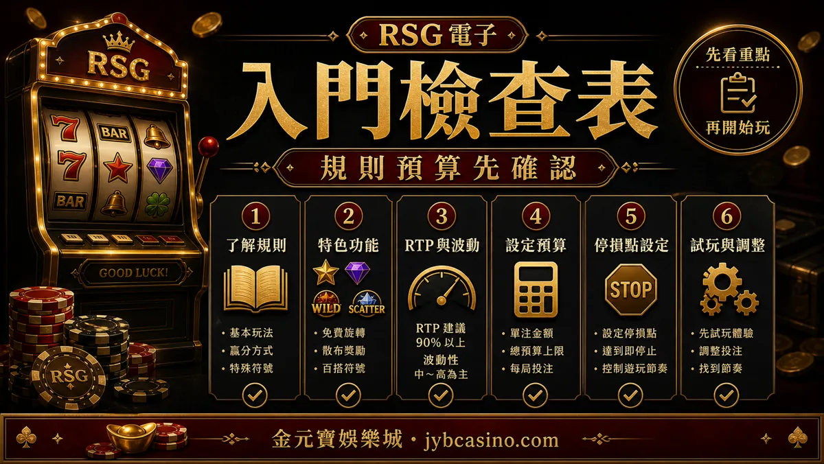 金元寶娛樂城 RSG 入門檢查表，呈現規則、功能、預算、局數與停手點